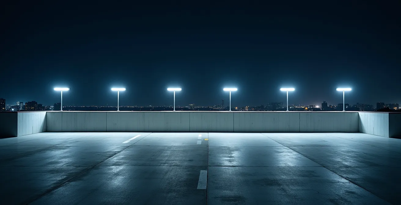 Parking sécurisé moderne éclairé la nuit avec barrières