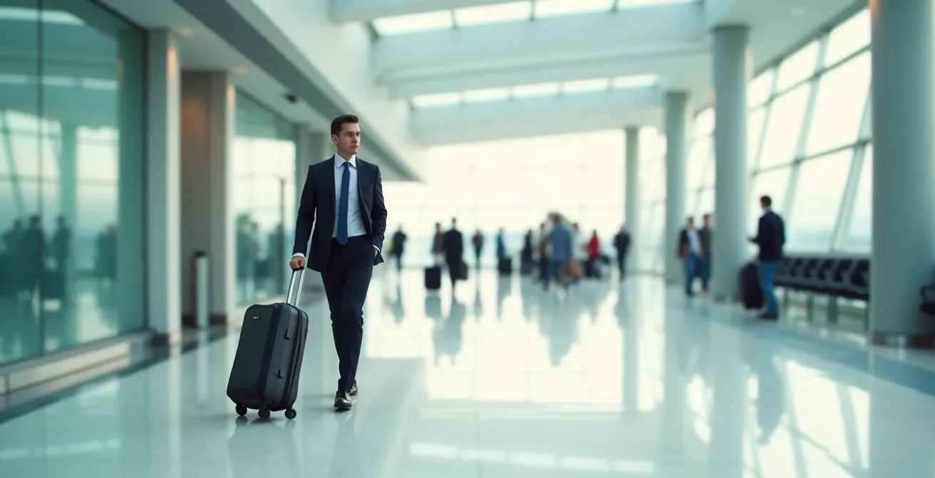 Homme d'affaires marchant rapidement dans un terminal d'aéroport moderne