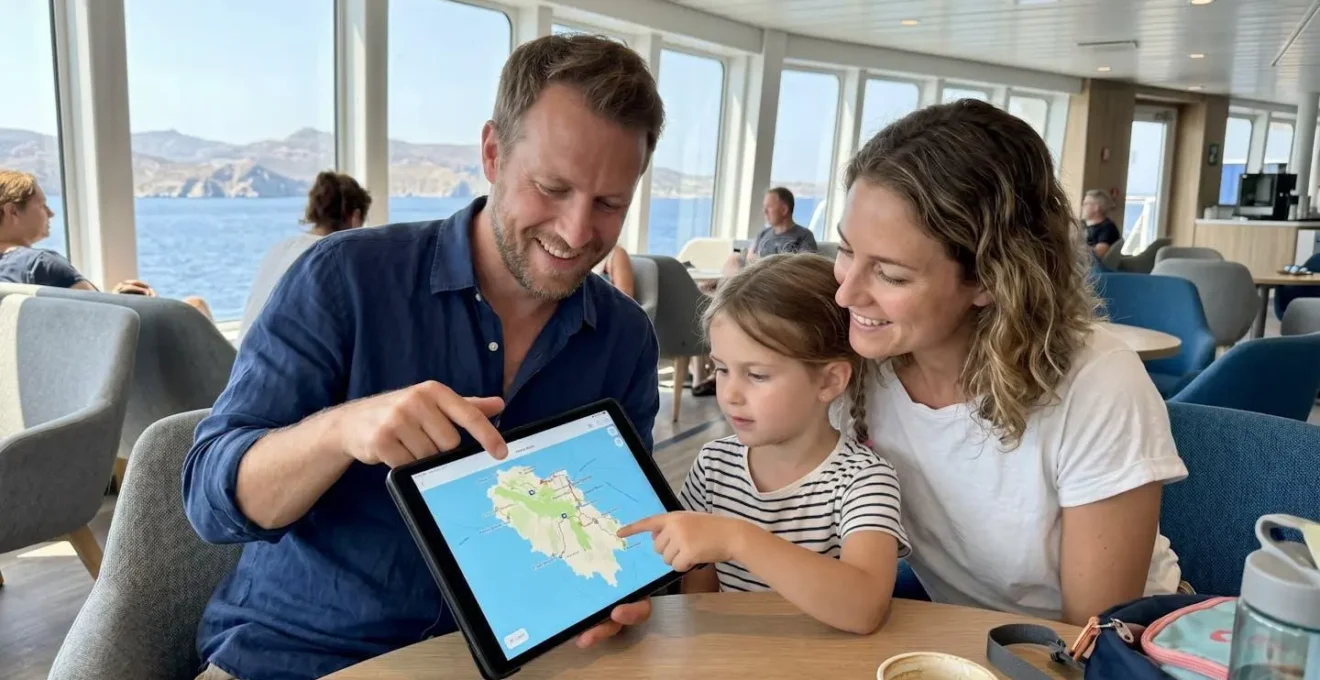 Une famille assise dans le salon passagers lumineux d'un ferry moderne, regardant par les grandes baies vitrées vers la mer Méditerranée