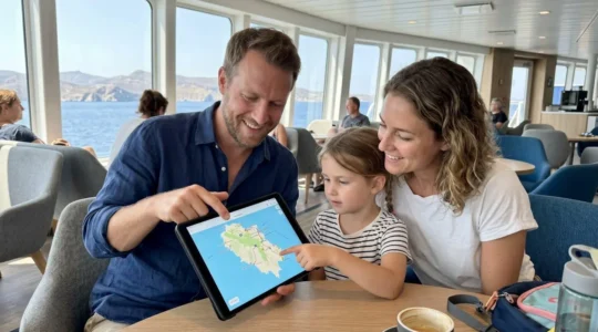 Une famille assise dans le salon passagers lumineux d'un ferry moderne, regardant par les grandes baies vitrées vers la mer Méditerranée