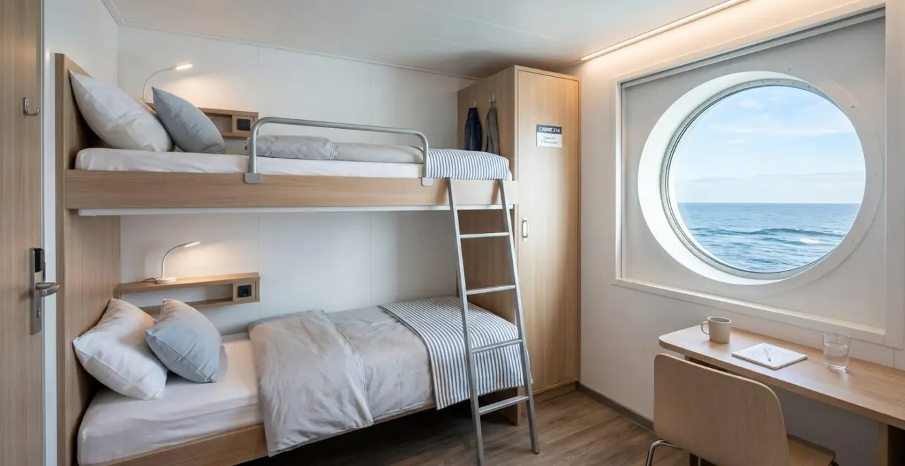 Intérieur d'une cabine de ferry moderne avec deux couchettes superposées, hublot laissant entrer la lumière naturelle, décor sobre et contemporain