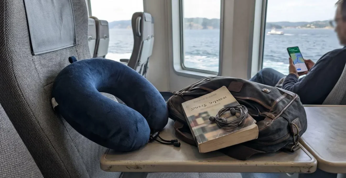 Gros plan sur un coussin cervical gonflable posé sur un siège de ferry, avec un sac de voyage contenant un livre et des écouteurs sur la tablette adjacente