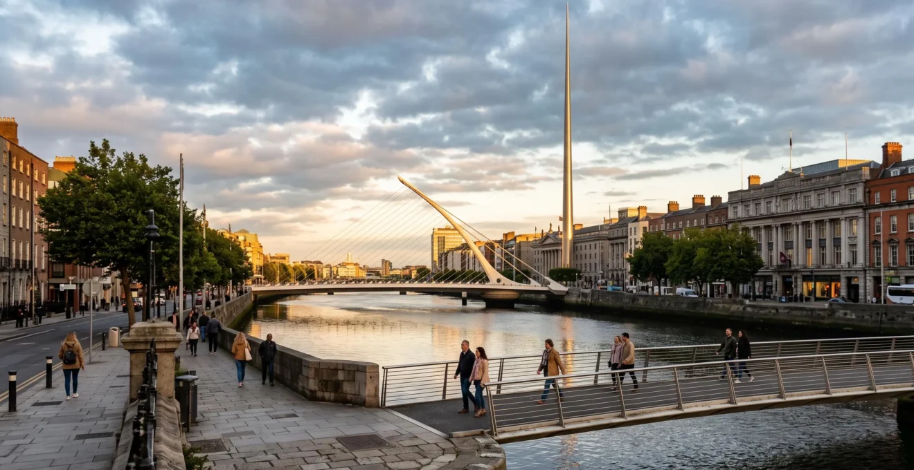 Vue panoramique du centre de Dublin avec la Spire, la rivière Liffey, son pont et des passants sous une lumière dorée de fin de journée.