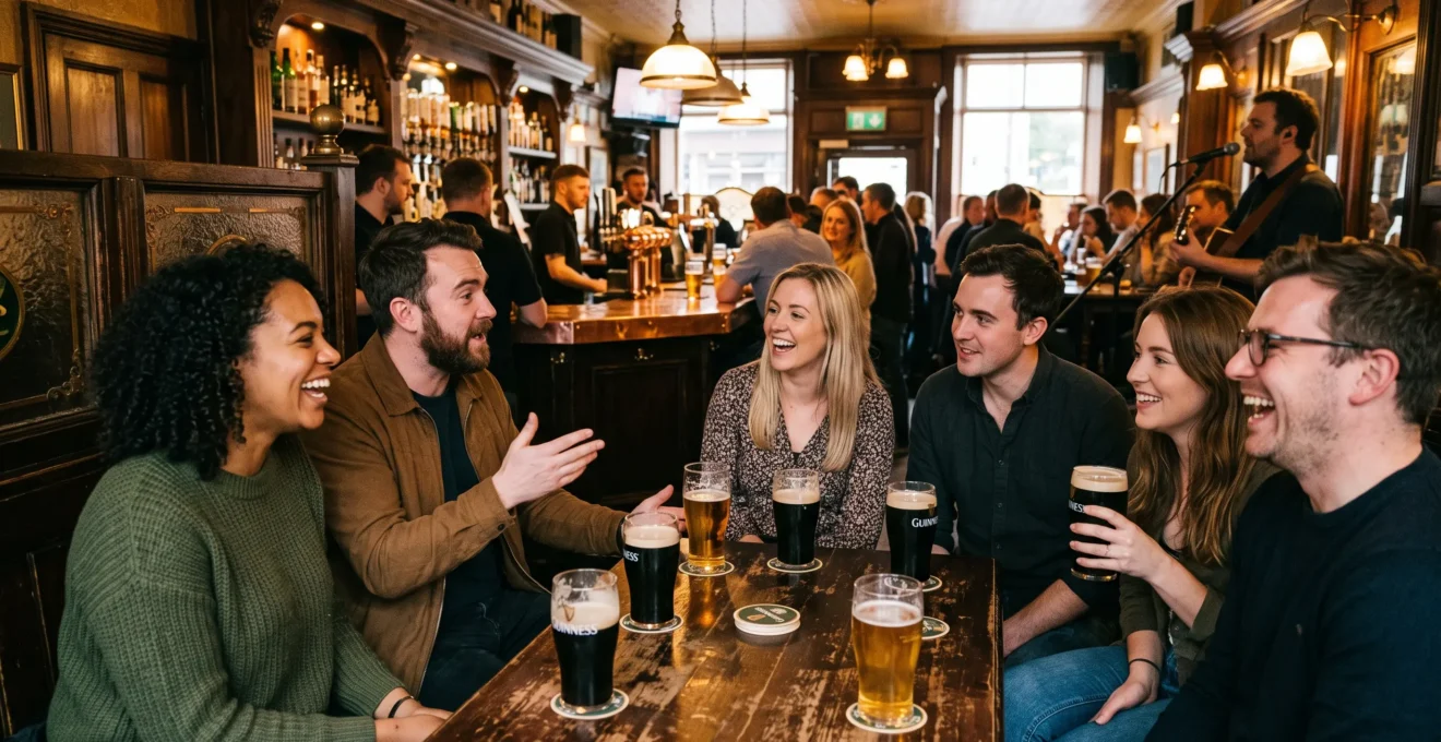Groupe d'amieux attablés autour de pintes dans un pub irlandais traditionnel au décor boisé et à l'éclairage chaleureux.
