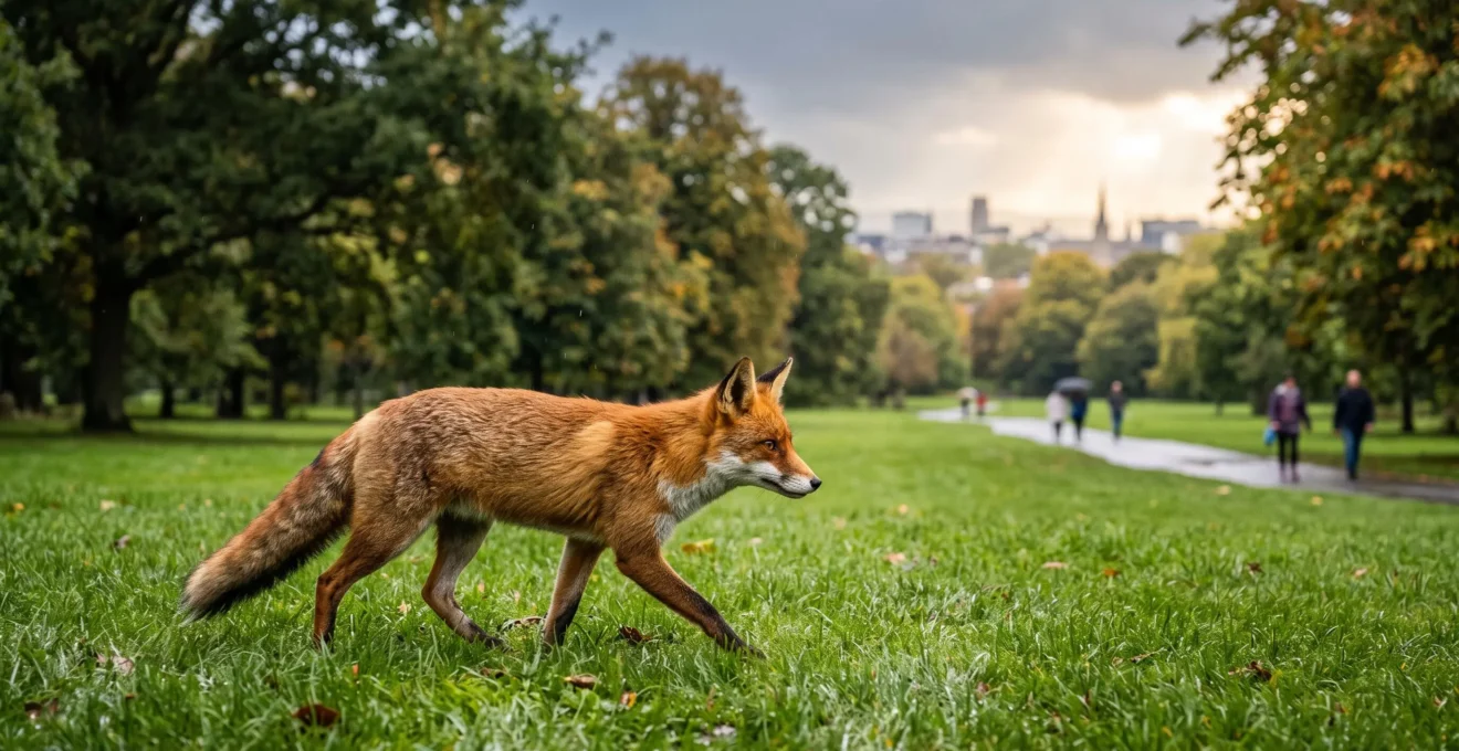 Renard roux marchant sur la pelouse d'un parc verdoyant de Dublin avec la ville en arrière-plan sous un ciel d'éclaircie.