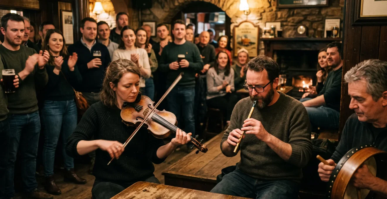 Musiciens jouant du violon, du tin whistle et du bodhrán lors d'une session de musique traditionnelle irlandaise dans un pub.