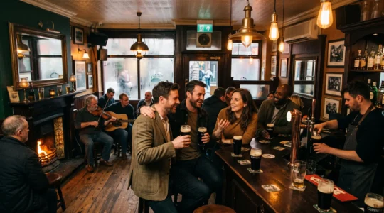 Groupe de personnes discutant autour de pintes dans un pub traditionnel dublinois aux boiseries sombres, avec un musicien jouant du violon près de la cheminée.